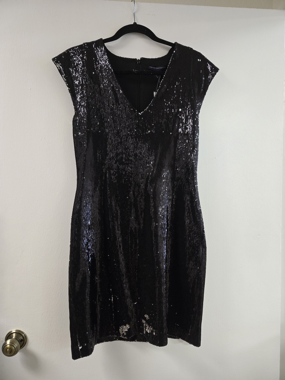 French Connection Black Sequin V-Neck Mini Dress